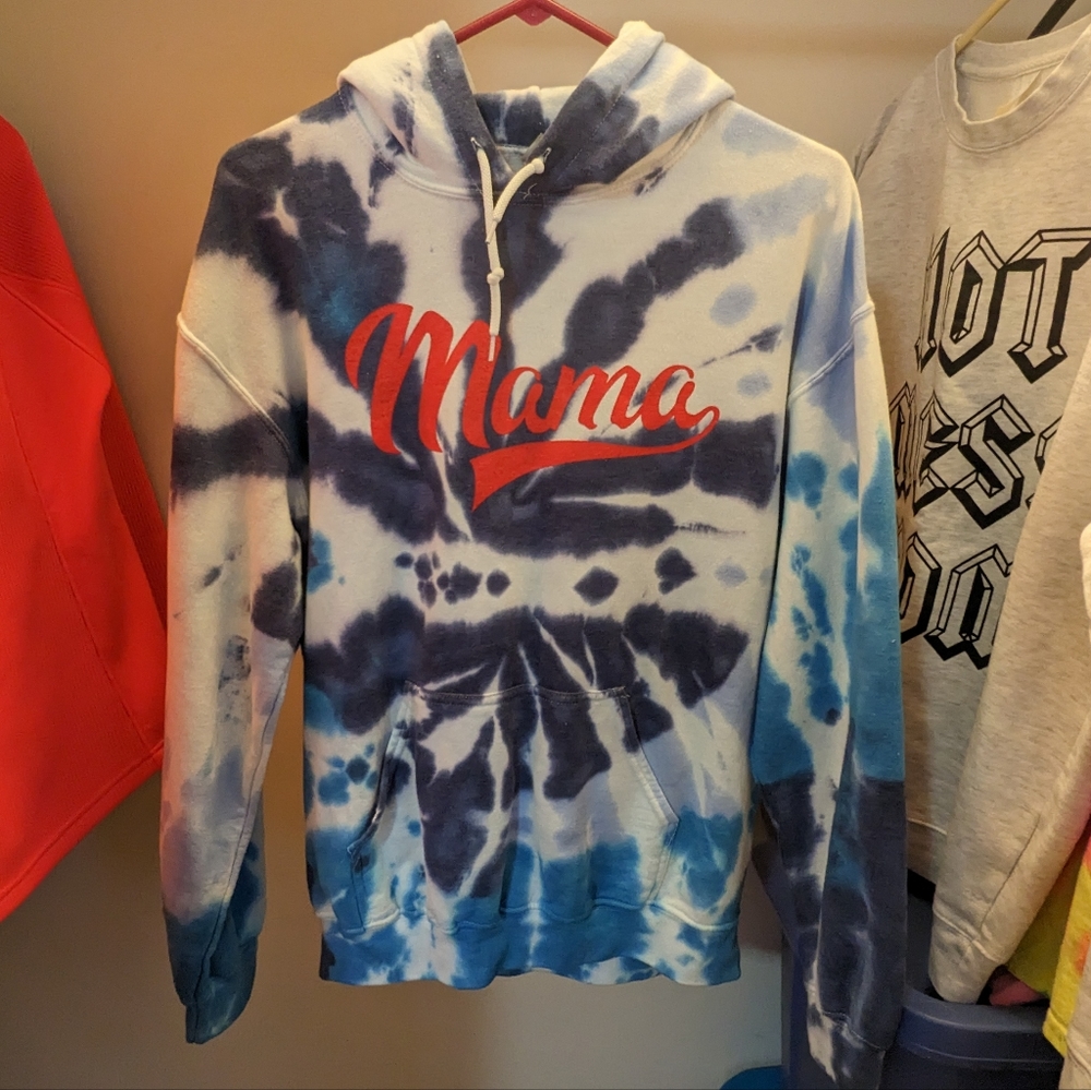 Blue tie dye Mama hoodie. Medium